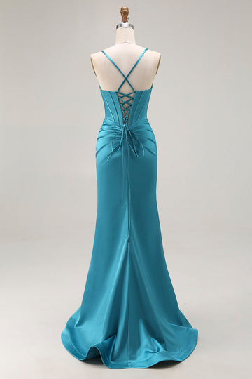 Peacock Blue Corset Mermaid Cut-Out Satin Long Prom Dress with Slit